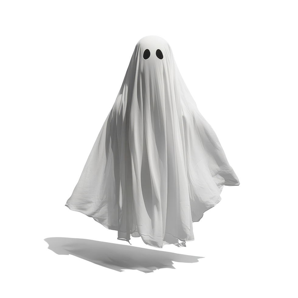 A friendly Halloween ghost stands playfully in a transparent sheet, ready for festive fun in the season, standing halloween ghost in a transparent sheet, file of isolated object with shadow on png