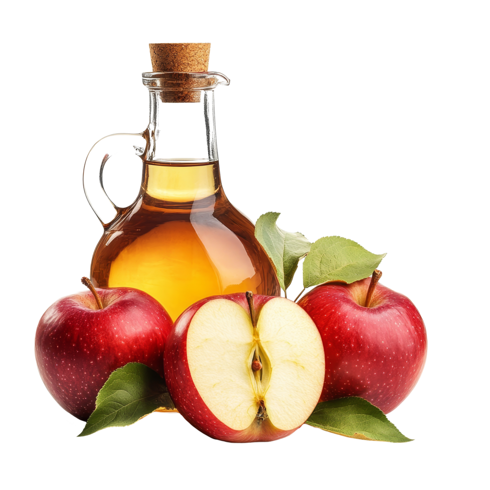 Fresh apples and apple cider vinegar displayed together against a transparent background, A jug of apple cider vinegar with fresh red apples isolated png
