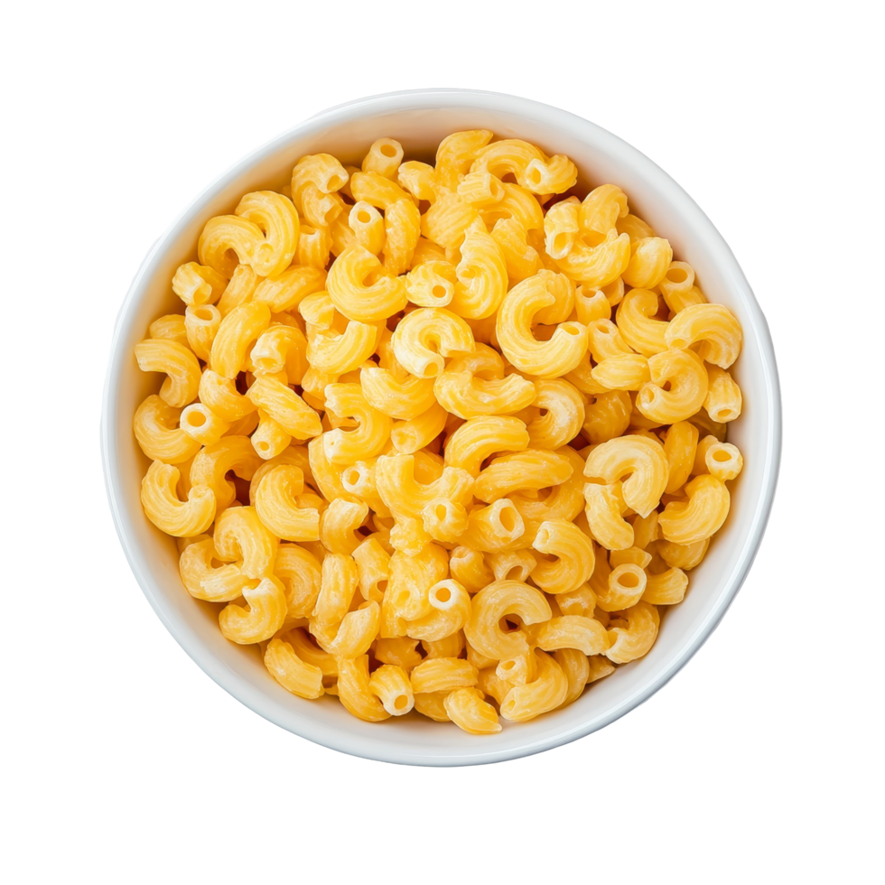 Dry macaroni noodles in a transparent bowl against a plain transparent background, ready for cooking or adding to recipes, dry macaroni in the transparent bowl on transparent background png