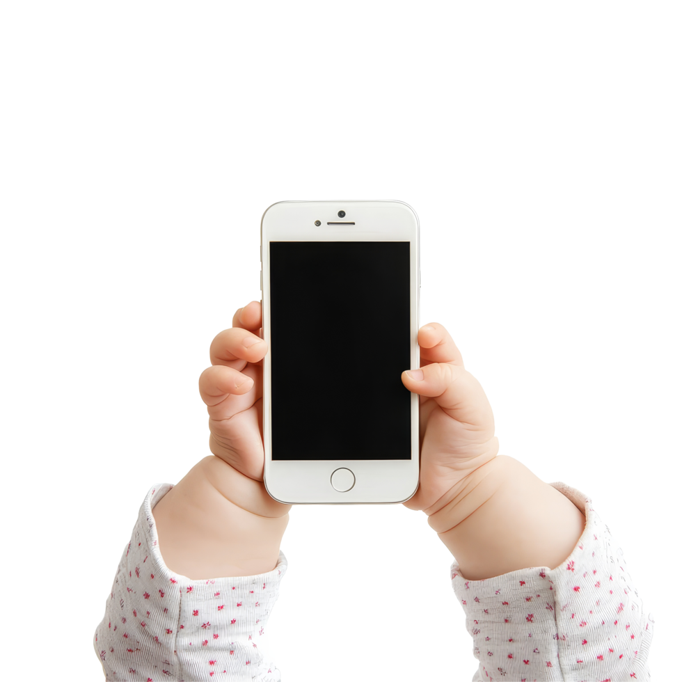 Babys hands holding a smartphone in a bright, minimalist setting against a transparent background, Babys Hands Holding Smartphone Isolated on transparent background png