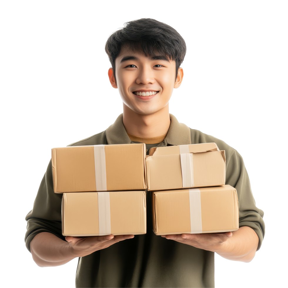 Cheerful young Asian man joyfully holding multiple parcel boxes against a bright background, Happy young Asian man holding package parcel boxs isolated on transparent background png