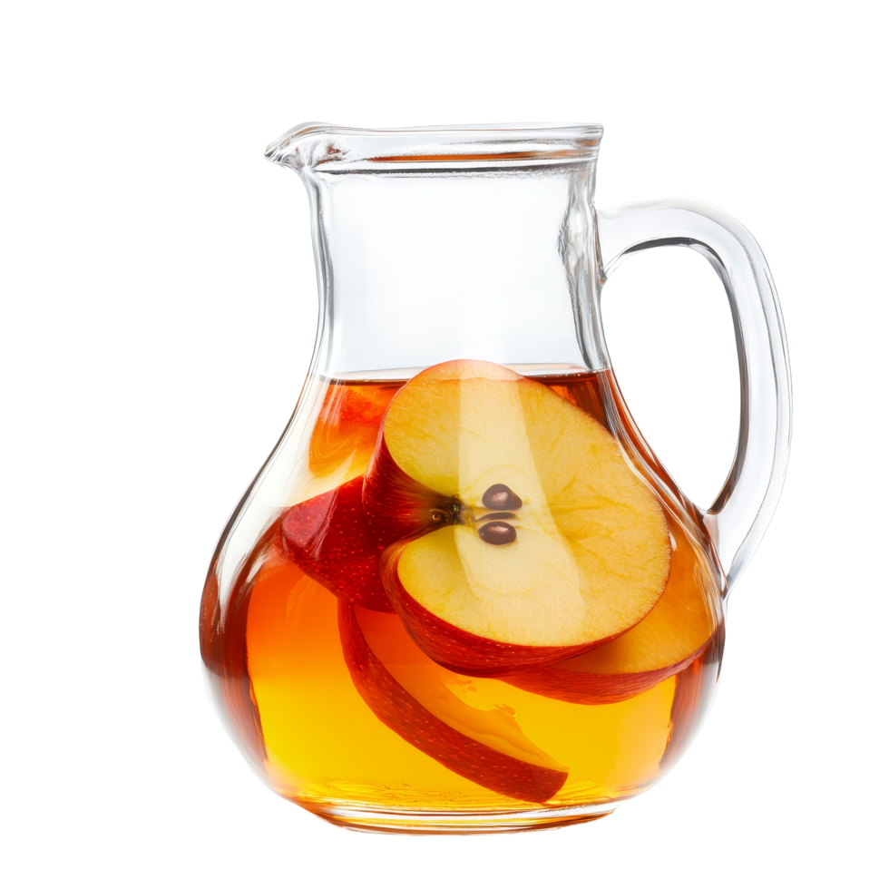Refreshing apple juice in a pitcher with sliced apples against a transparent background, Apple juice in a pitcher isolated png