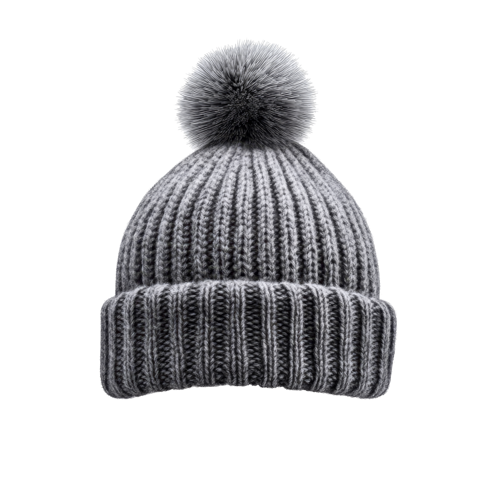 Cozy gray winter hat with pompom designed for warmth in cold weather, gray warm winter hat with pompom, file of isolated object with shadow on transparent background png