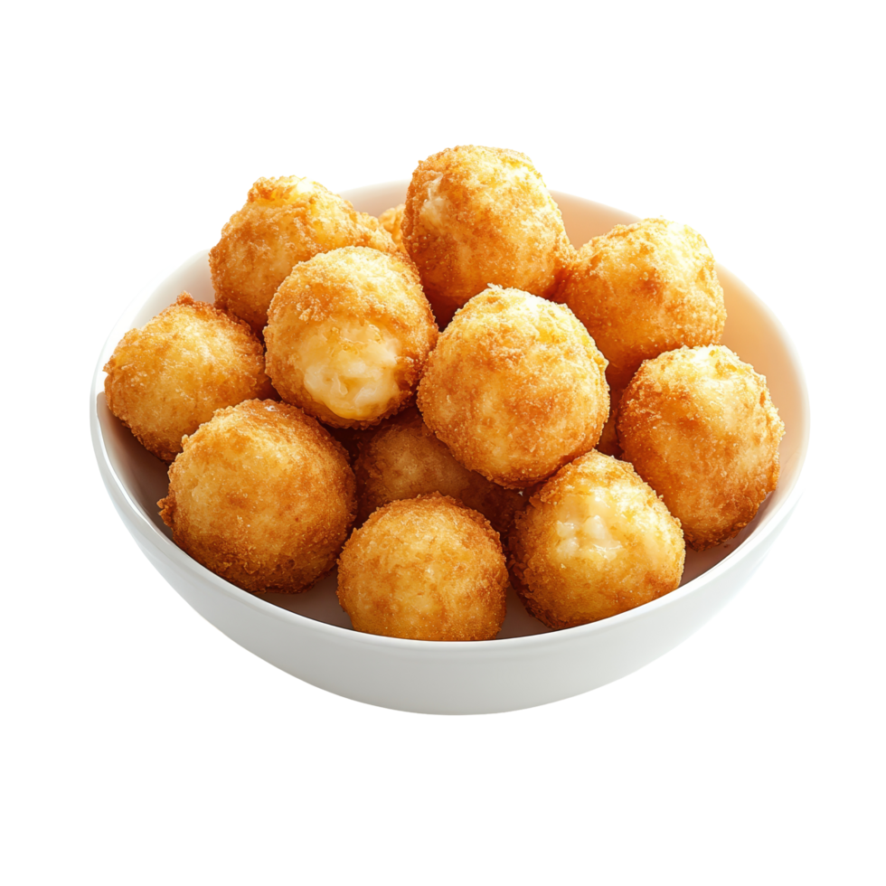 A large bowl of crispy fried cheese balls arranged on a transparent background ready to serve as a delicious snack, fried cheese balls on transparent background png