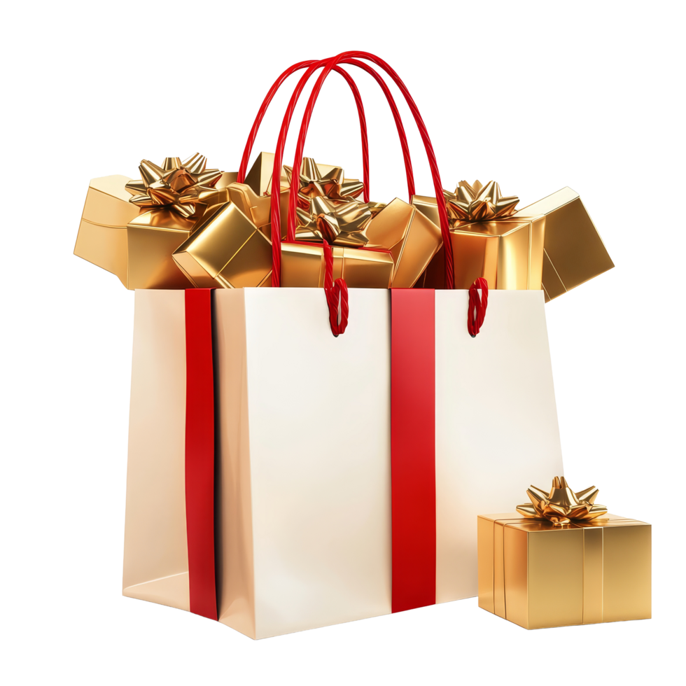 Colorful red and gold gift boxes emerging from a festive shopping bag during the holiday season, Red and gold gift boxes pop out from shopping bag over transparent background Stock Illustration png