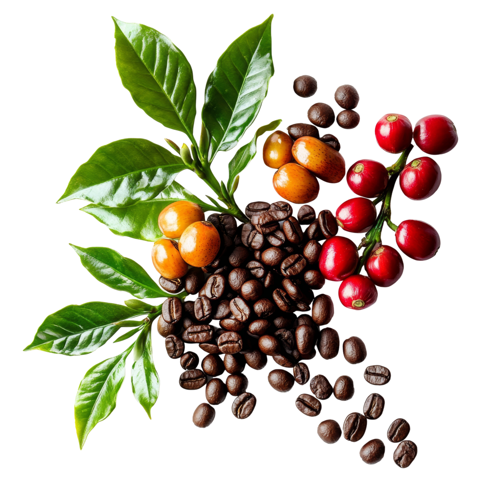 A vibrant assortment of ripe and unripe coffee berries alongside roasted coffee beans arranged on a transparent background, coffee beans ripe and unripe berries on transparent background png
