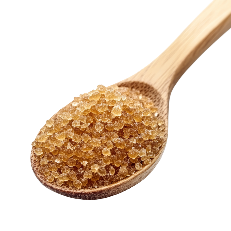 Freshly harvested brown sugar heaped in a wooden spoon on a transparent background, brown sugar in wood spoon isolated on transparent background png