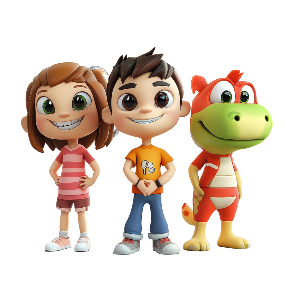A happy group of cartoon characters a girl, a boy, and a dragonlike creature, 3D Cartoon Character Group on transparent background png