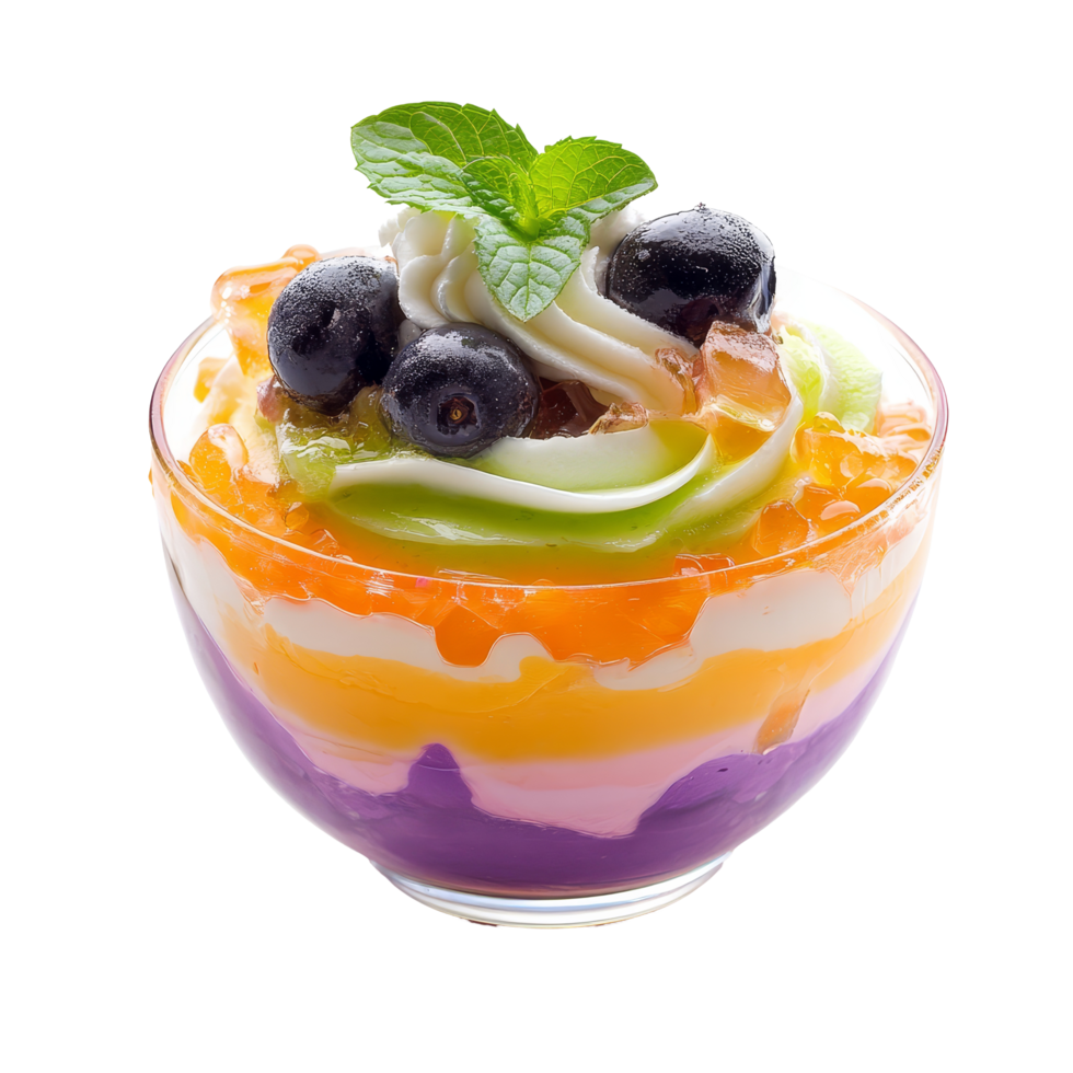 Delightful Thai dessert featuring layers of vibrant colors and creamy textures, served in a glass bowl, Thailand dessert on transparent background png