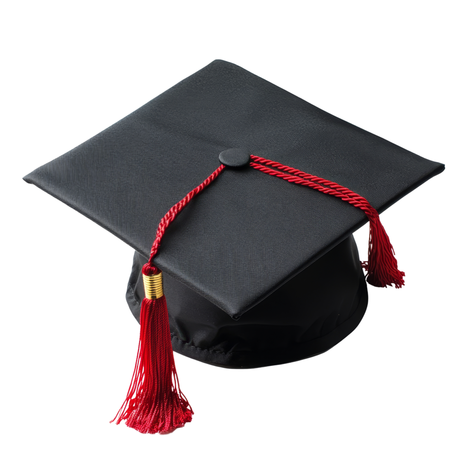 Black graduation cap with red tassel resting on a transparent background, symbolizing academic achievement and celebration, graduation students cap isolated on transparent background png