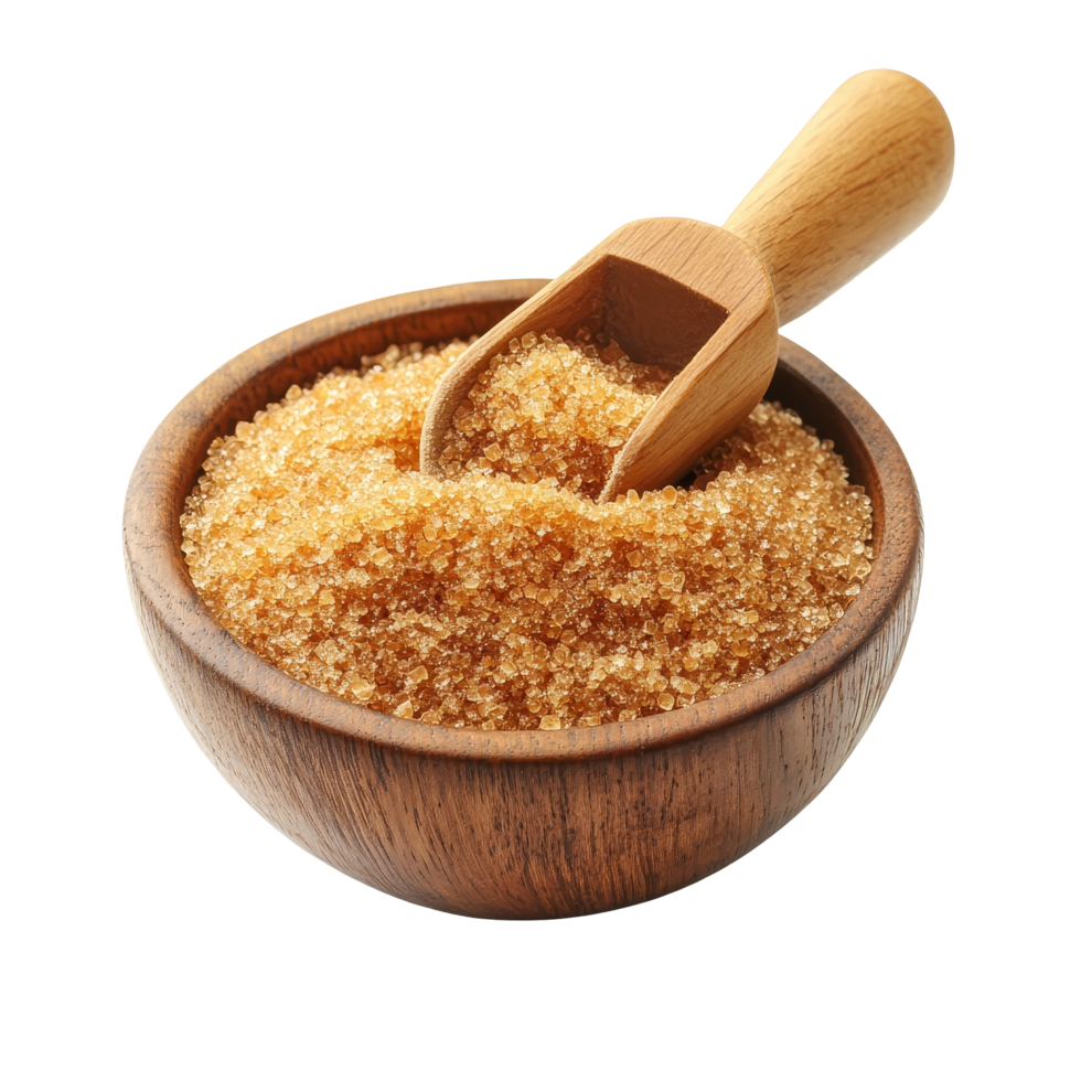 Brown sugar in a wooden bowl with a scoop resting on a transparent surface highlighting its rich texture, Brown sugar in wood bowl and scoop isolated on transparent background png