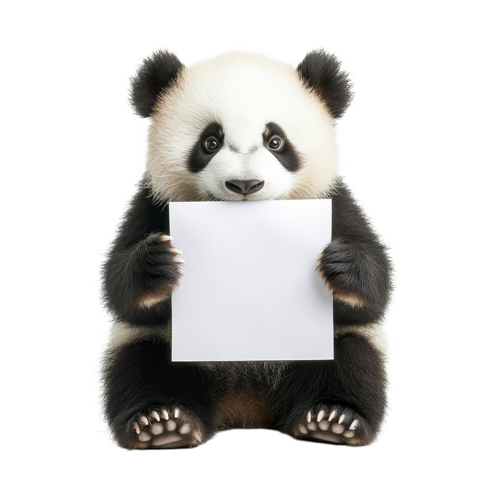 Panda sitting and holding a blank sheet of paper against a plain transparent background, looking curious and adorable, Panda Holding Blank Paper on transparent background png