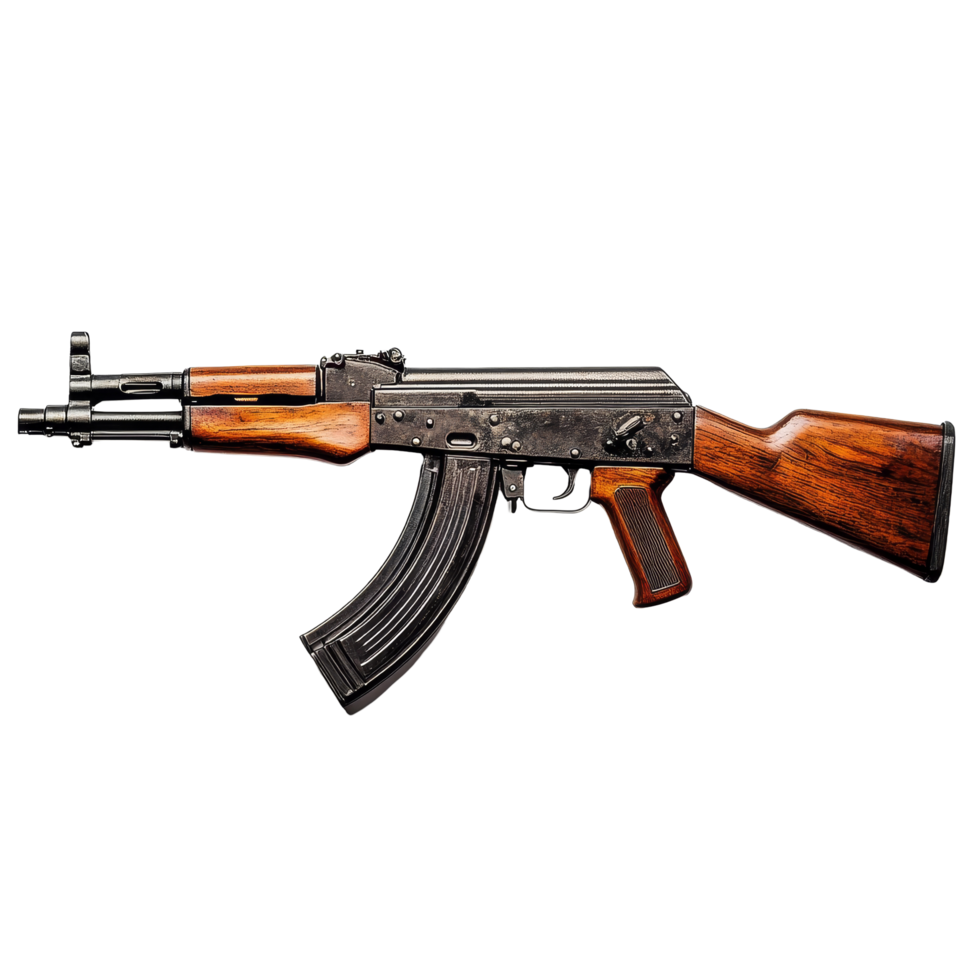 Assault rifle displayed on a transparent background showcasing its design and features, AK47 Assault Rifle on transparent background png