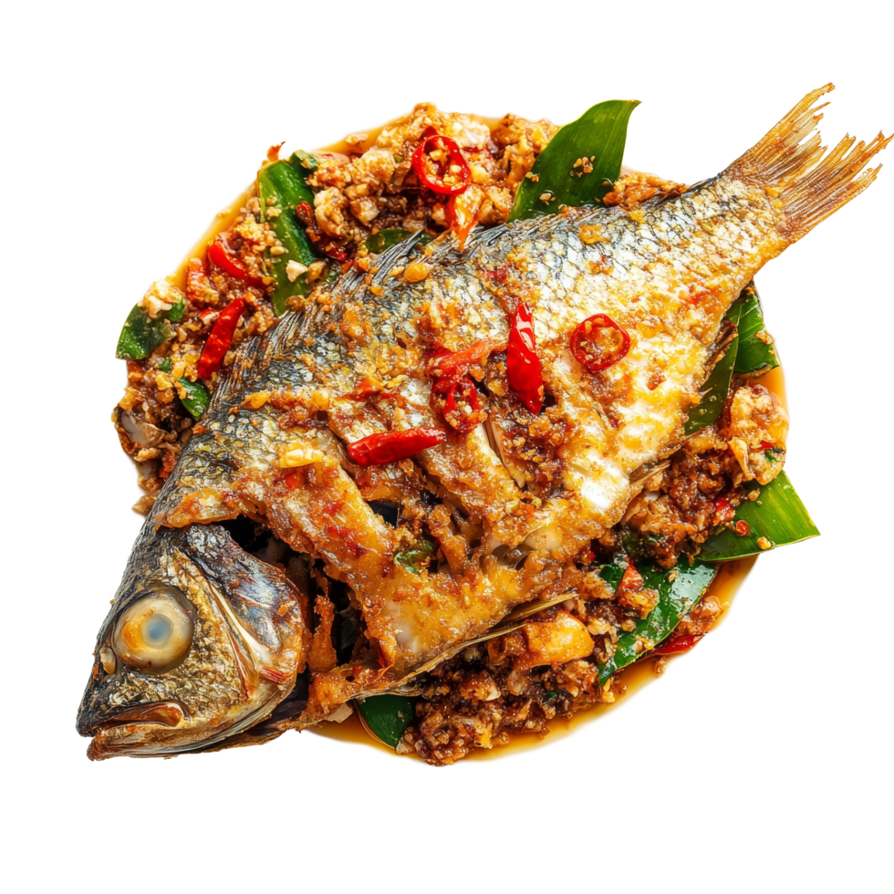 Deliciously spiced fried fish with chili served on a transparent plate featuring herbs and a colorful garnish, Fried fish with chilli and spices, delicious food Thailand style on transparent png