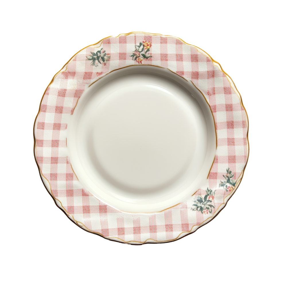 Elegant plate with floral design on a tablecloth against a transparent background for casual dining setups, plate on tablecloth on transparent backgroundfile png