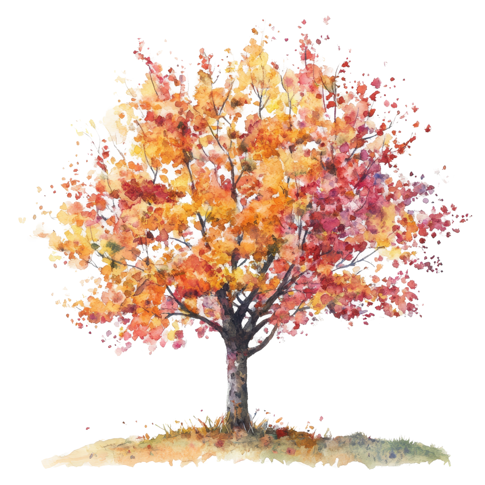 A stunning watercolor depiction of a vibrant autumn tree with colorful foliage against a bright transparent background, bird house watercolor on transparent background png