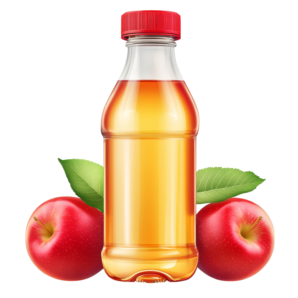 Clear bottle of apple juice surrounded by fresh red apples against a bright background, Bottle of apple juice with red apples isolated png