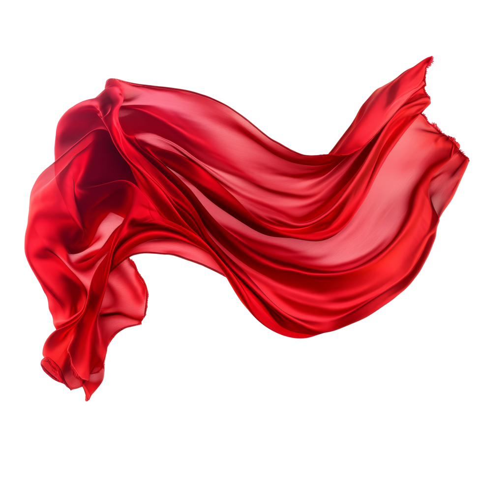 Flowing red silk fabric gracefully billowing against a bright transparent background in a dynamic display of color and texture, Flying Red Silk on transparent background png