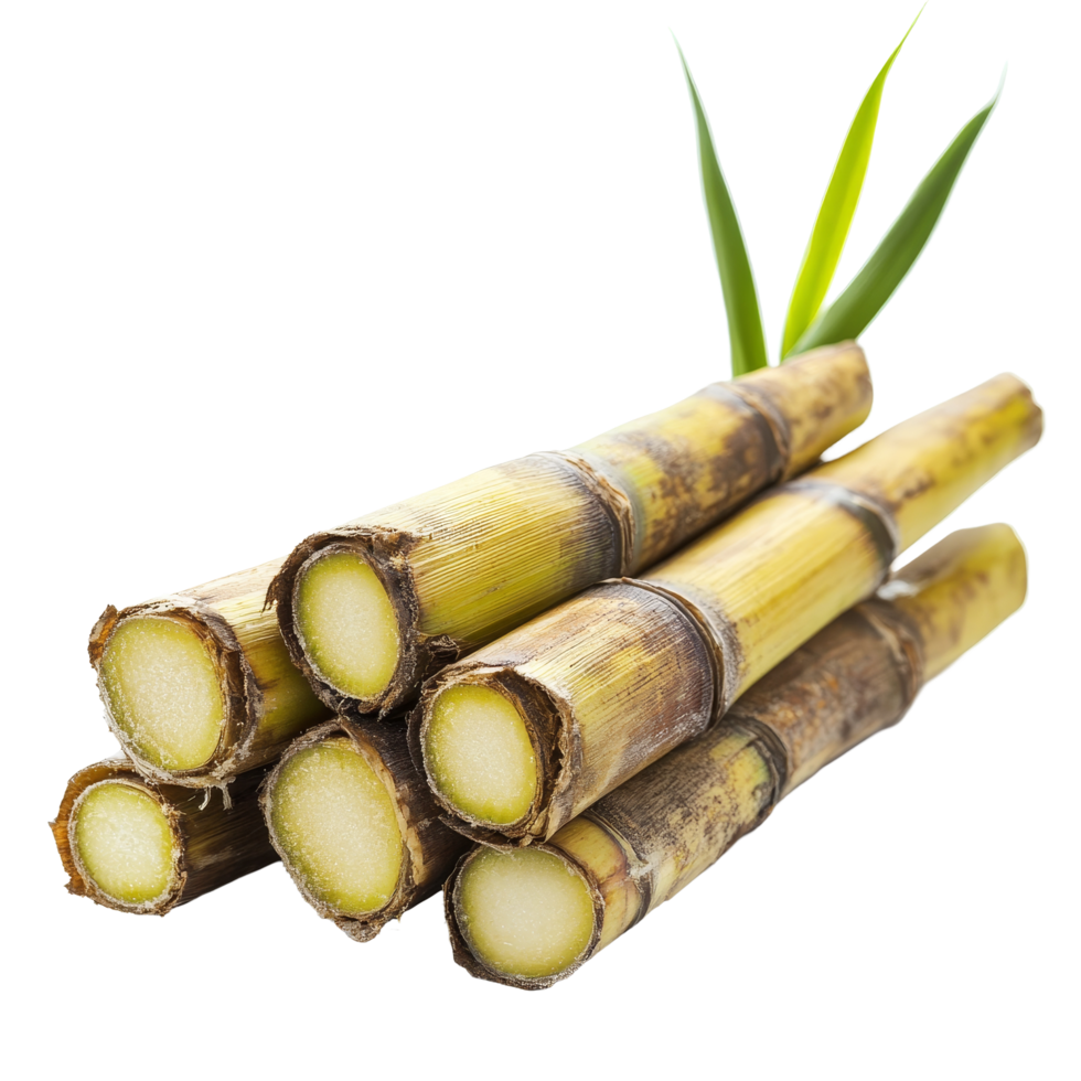 Fresh sugar cane stalks arranged on a clean transparent surface showcasing their natural texture and color, sugar cane on transparent background png