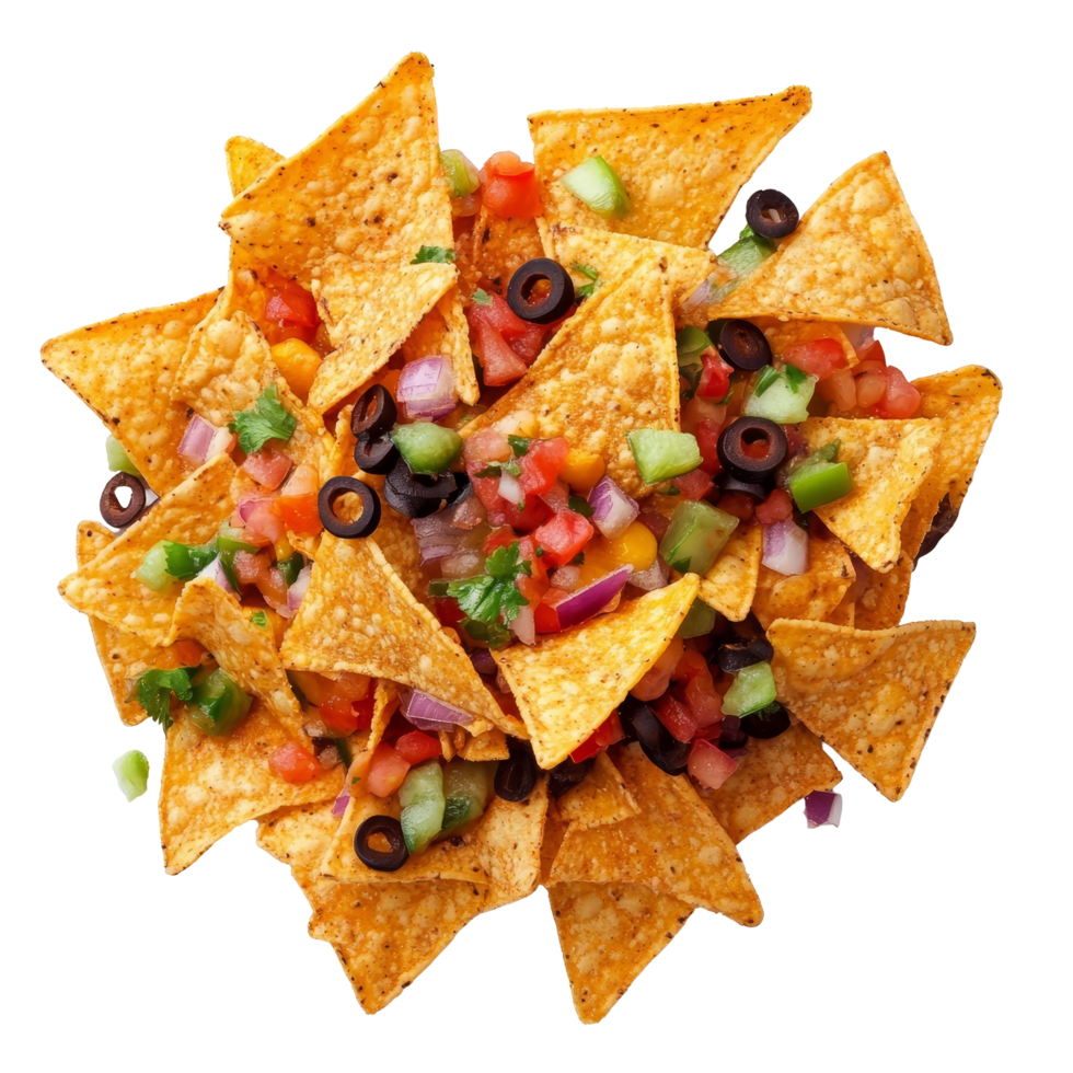 Delicious fresh nachos topped with diced vegetables on a bright transparent background, Fresh tasty food nachos on a transparent background. nachos transparent background png