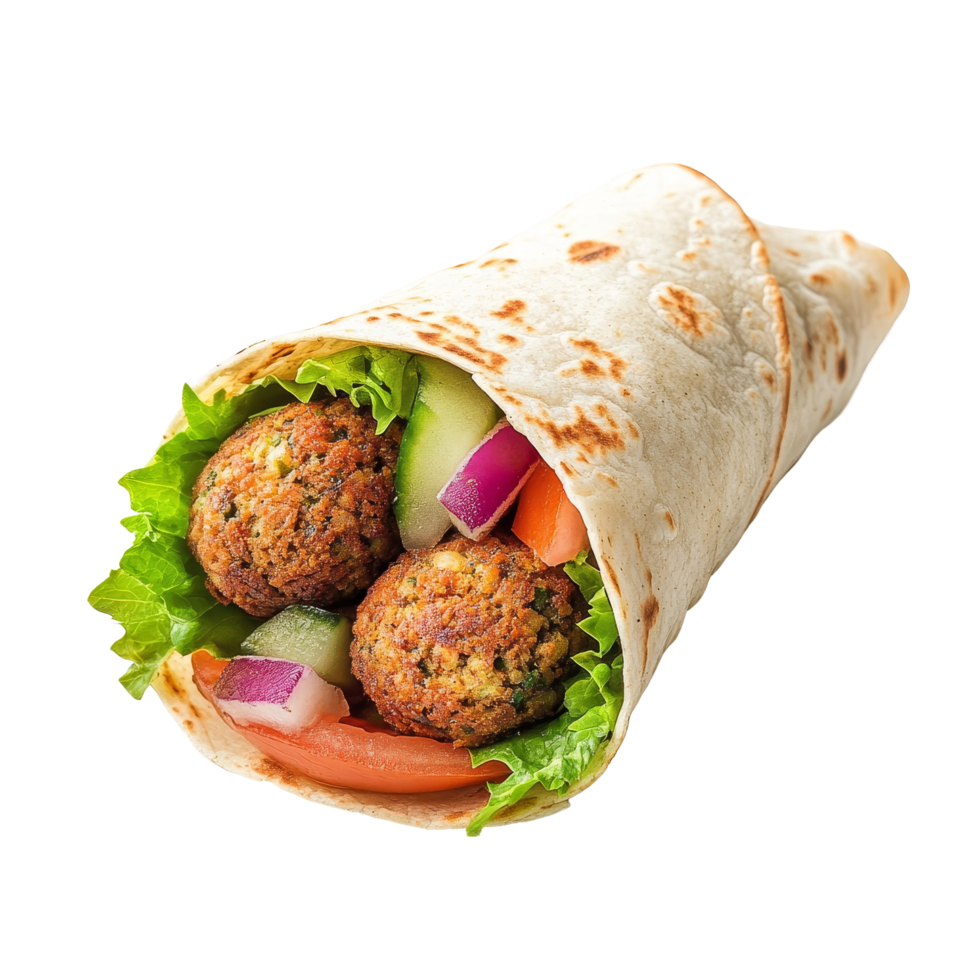 Fresh falafel wrap filled with vegetables and herbs on a transparent background, Fresh falafel wrap on a transparent background png