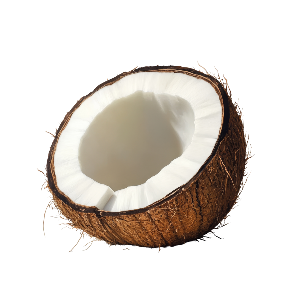 A fresh coconut cut in half on a transparent surface, showcasing the creamy interior against a backdrop, coconut palm tree on transparent backgroundfile png
