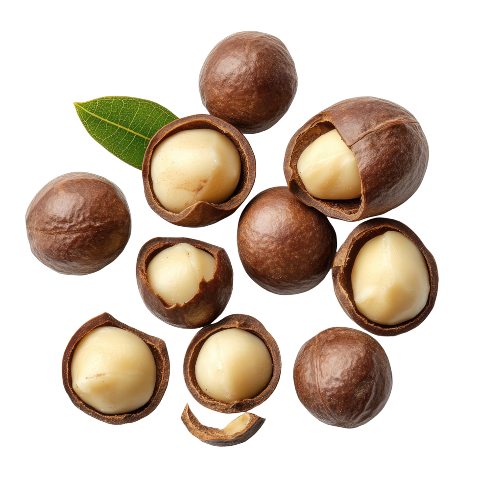 Fresh macadamia nuts and shells arranged artfully on a plain transparent background for a healthy snack display, Macadamia nuts on transparent background png