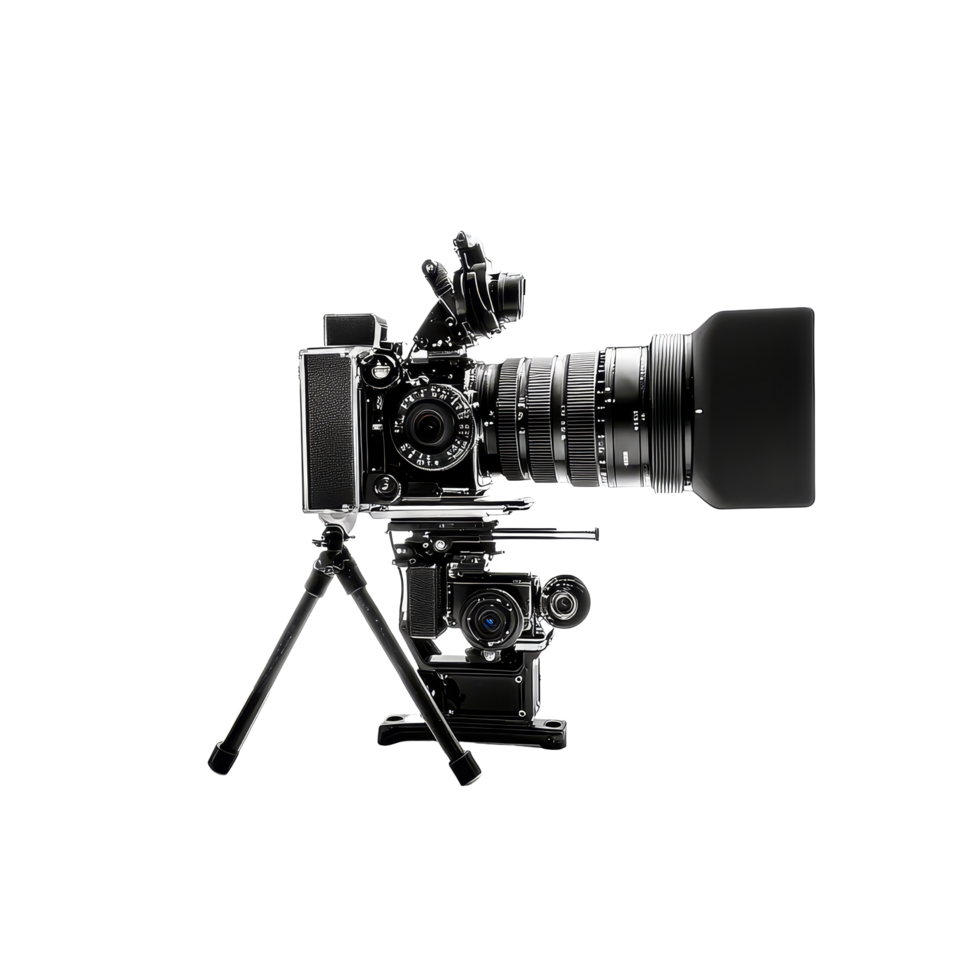 Professional film camera on a tripod positioned against a clean transparent background for product showcasing, professional film camera, file of isolated object with shadow on transparent background png