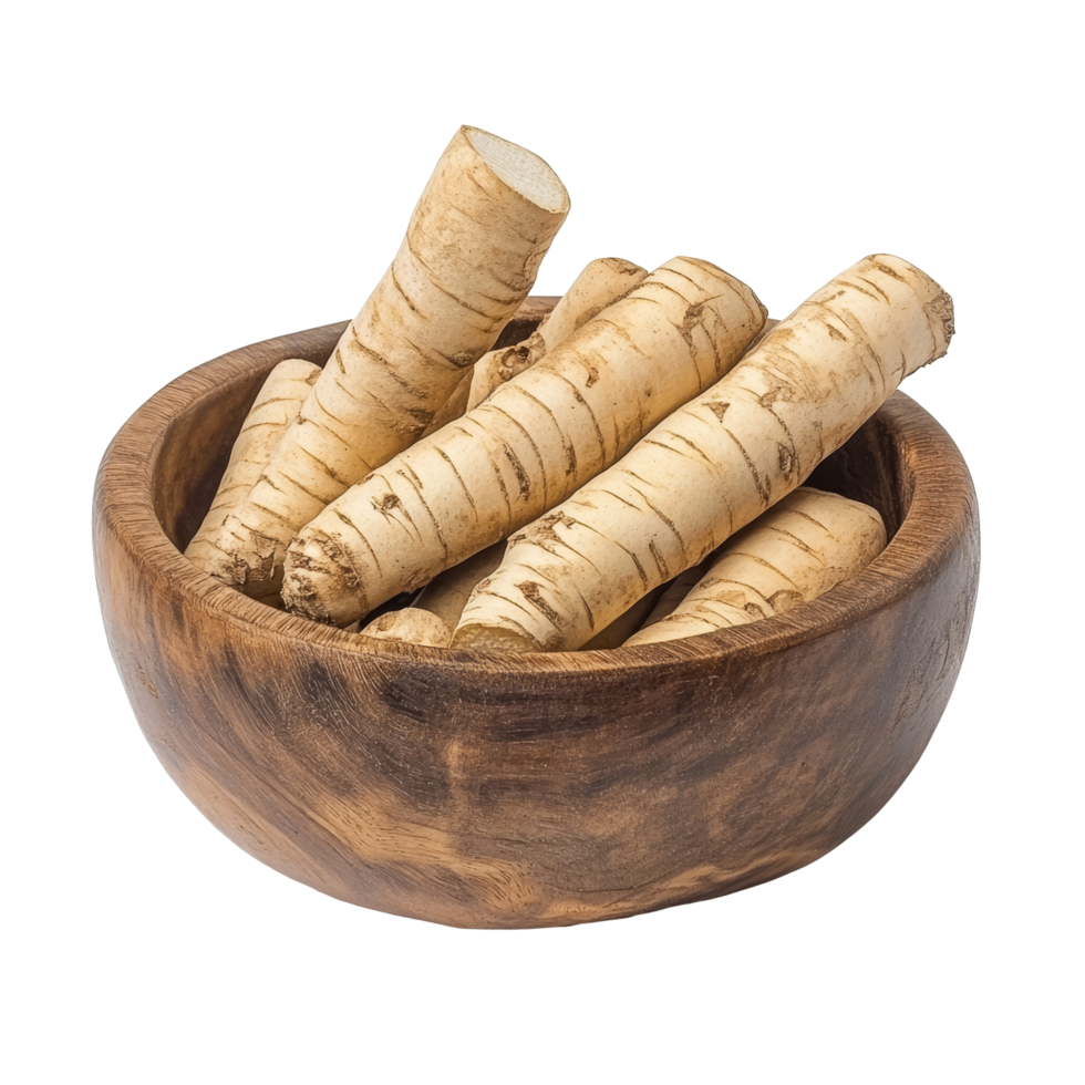 Kaempferia finger root, known as Krachai, displayed in a wooden bowl highlighting its natural beauty and culinary use, Kaempferia finger root Krachai Thai herb in wood bowl isolated transparent png