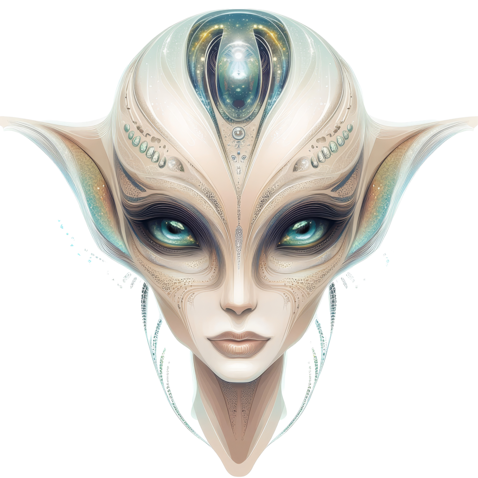 An elegantly designed alien extraterrestrial being with transparent accents against a transparent backdrop, Beautiful Alien Extraterrestrial Being on transparent background png