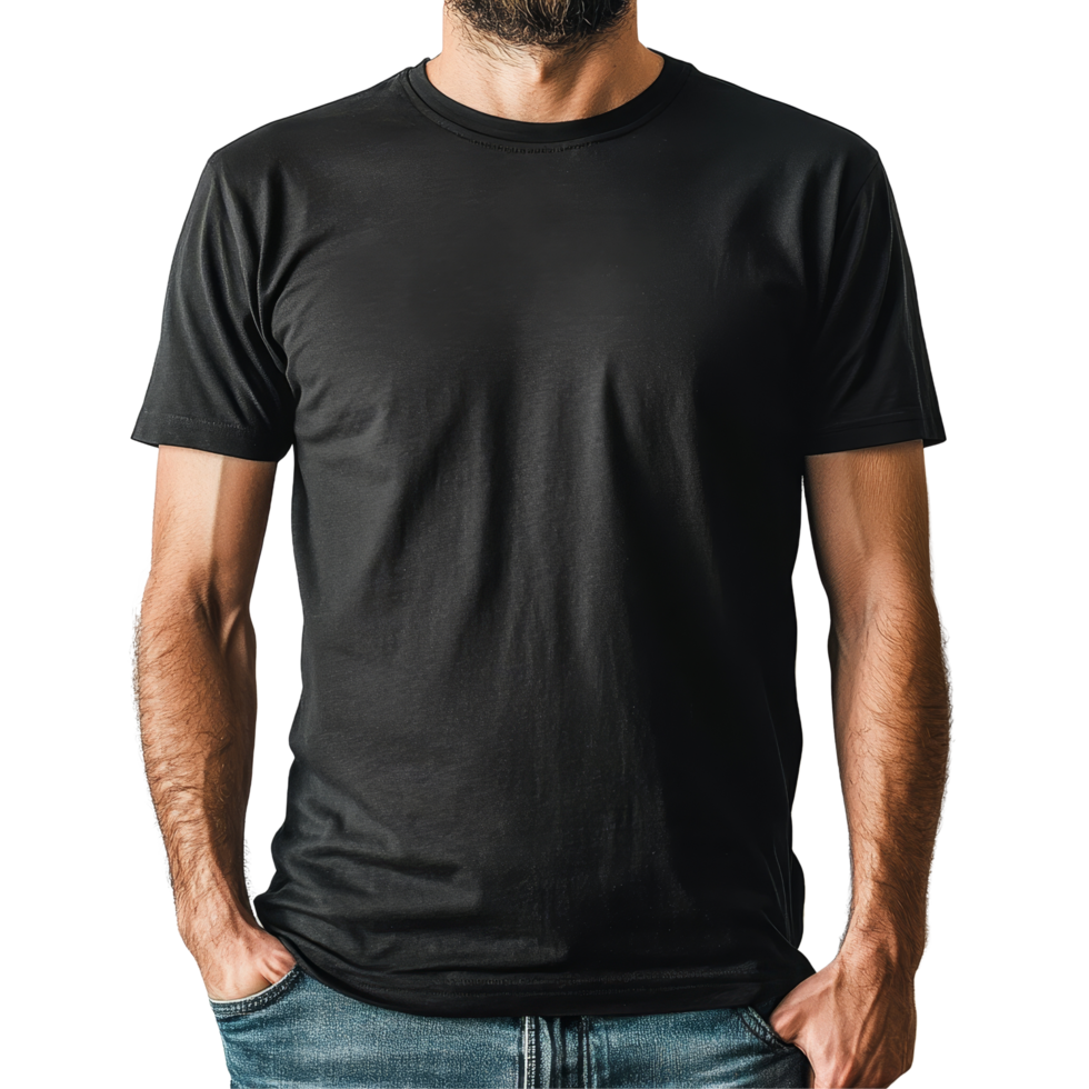Mockup of a man wearing a black tshirt in a studio setting against a plain backdrop, black tshirt mockup on a man, file of isolated object with shadow on transparent background png