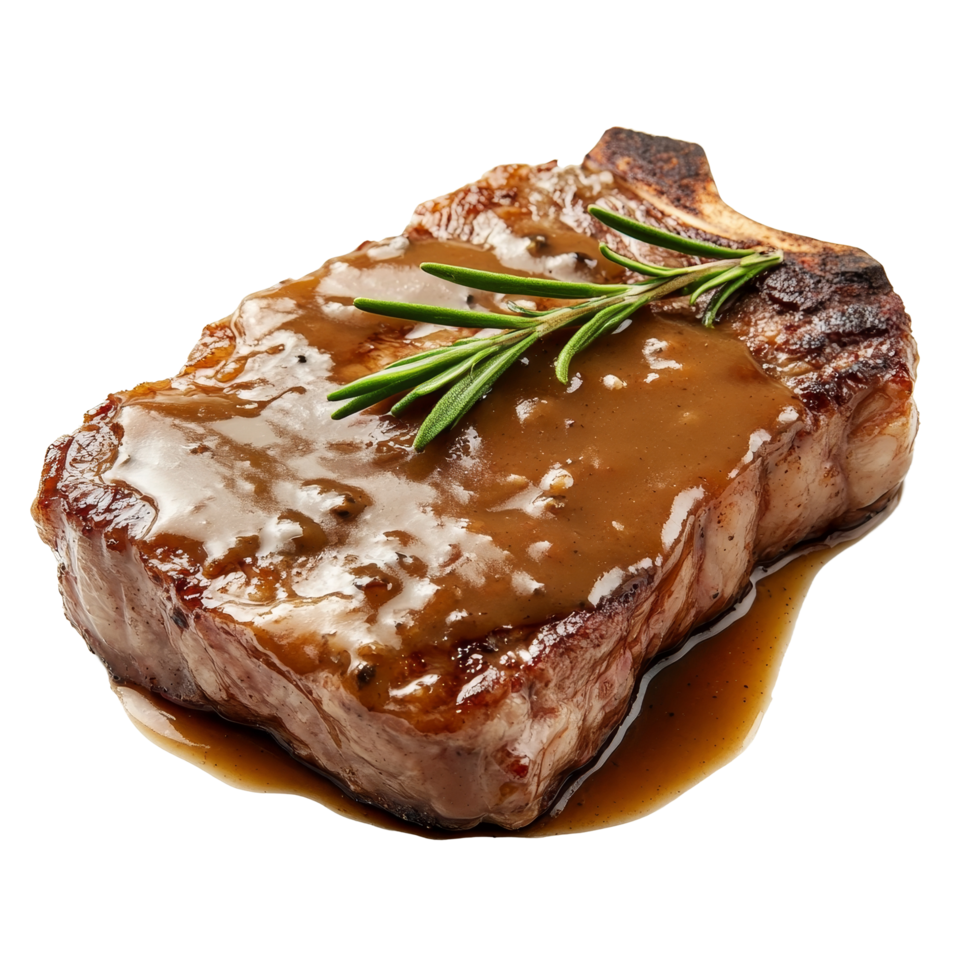 A succulent slice of panfried steak topped with gravy and garnished with fresh rosemary on a transparent plate, slice of panfried steak, served with gravy isolated on transparent background png