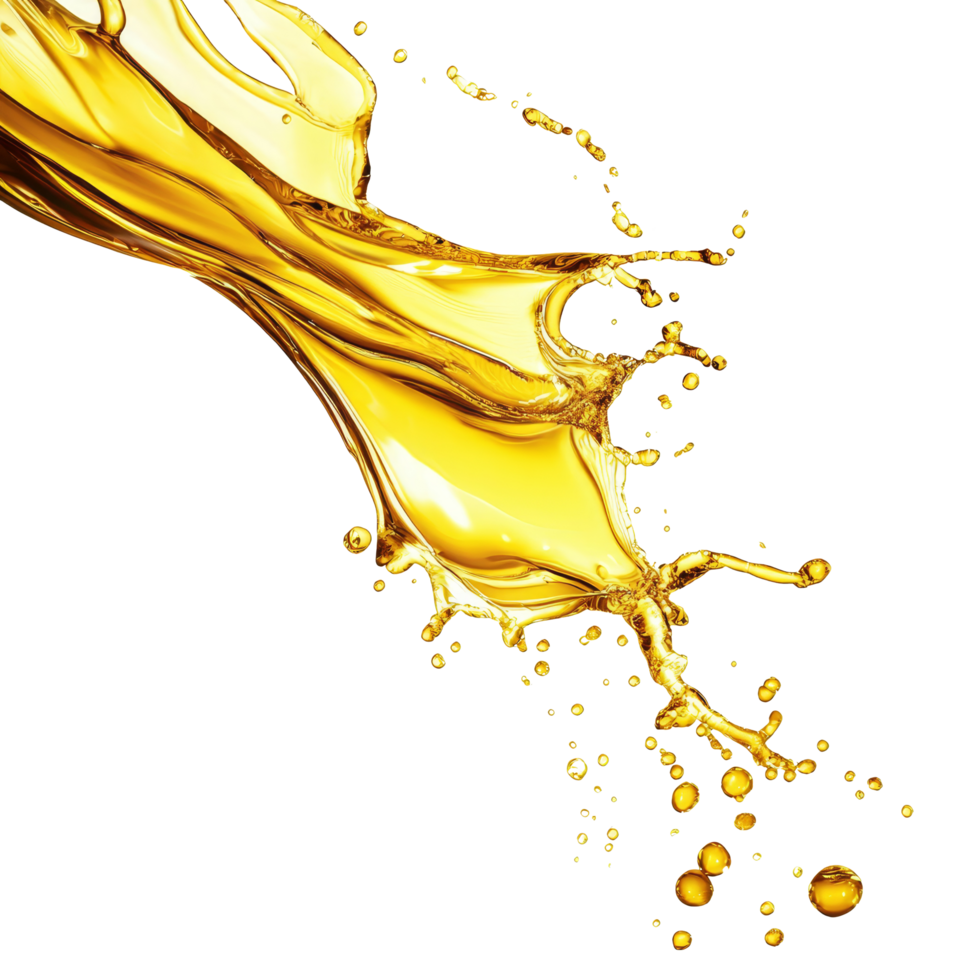 Splashes of vibrant yellow oil on a pure transparent background captured in dynamic motion, oil splashing isolated on transparent background png