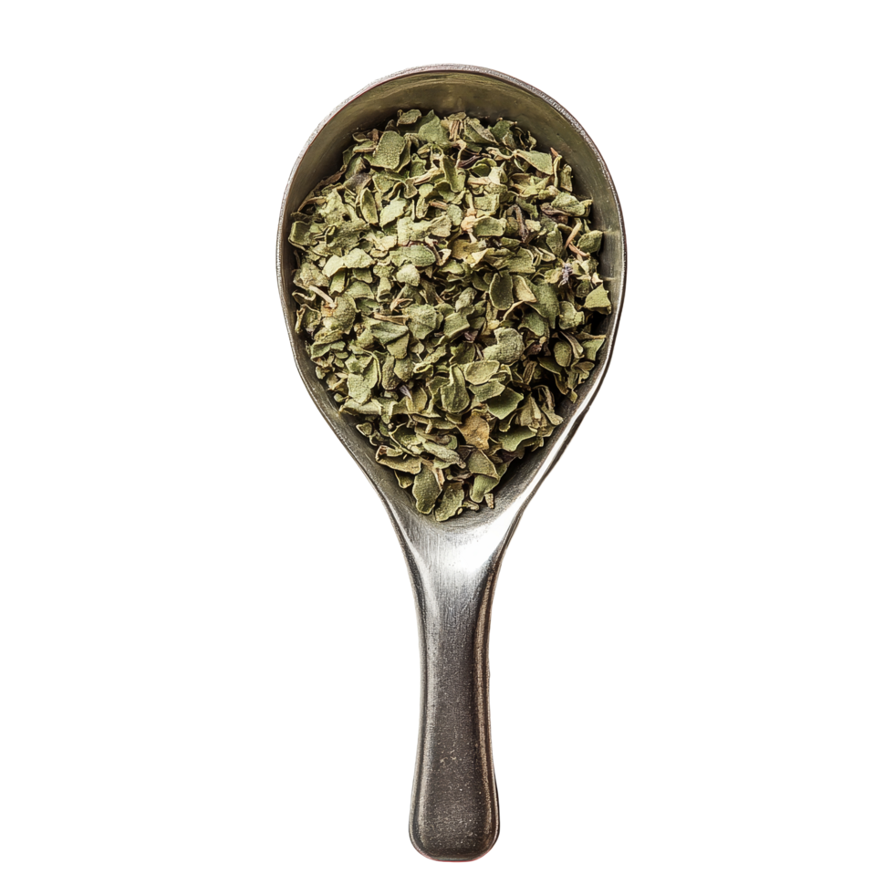 Freshly dried oregano in a metal scoop against a pristine transparent background, Oregano in scoop on transparent background png