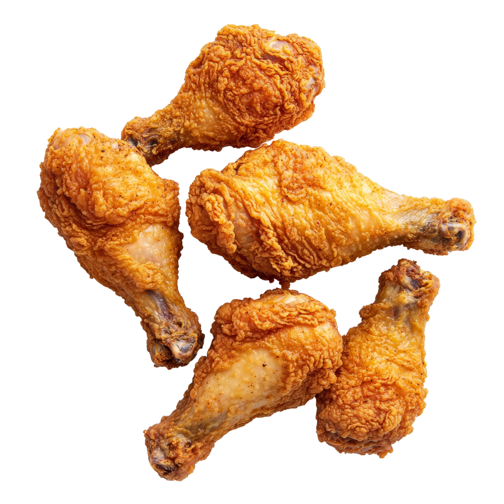 Golden brown fried chicken drumsticks arranged on a transparent background ready for a delicious meal or party platter, Golden brown fried chicken drumsticks on transparent background png