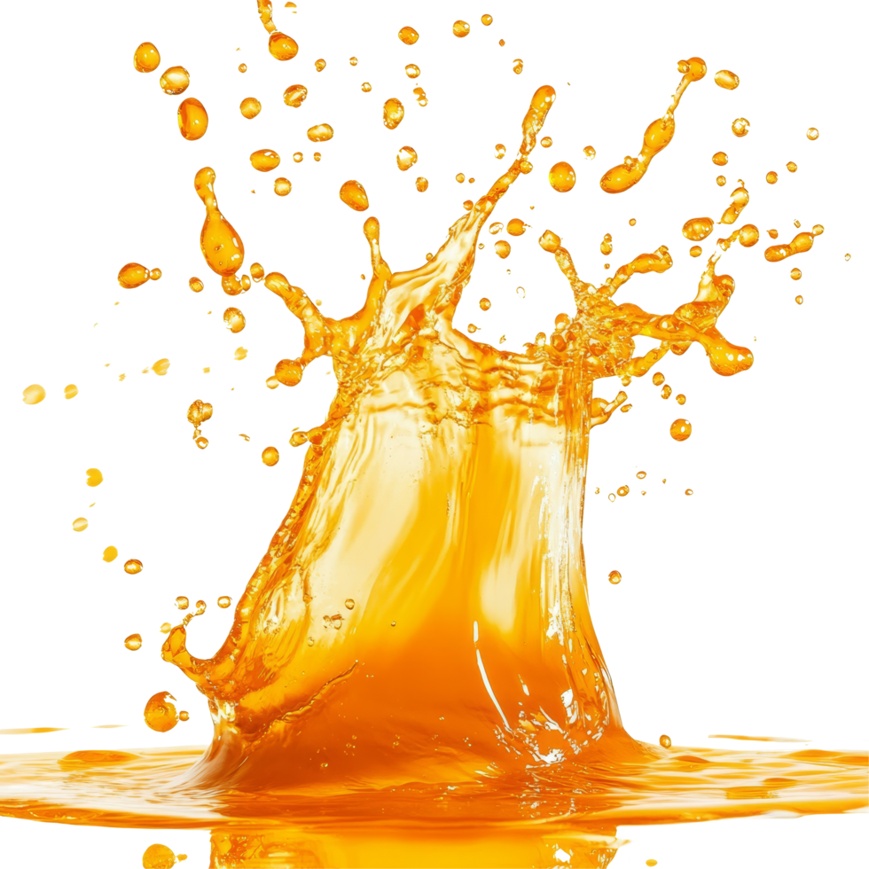 Dynamic splash of orange liquid captured in midair against a transparent background, showcasing fluid motion and energy, orange liquid fluid splash in air isolated on transparent background png