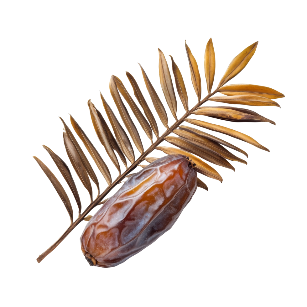 Dried date palm with a leaf isolated on a transparent background showcasing natural textures and colors, dried date palm with leaf isolated on transparent background png