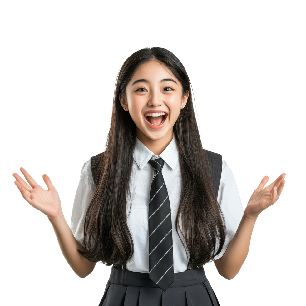 Happy Asian student girl in school uniform expresses delight in a welllit classroom during a cheerful moment, Surprise Happy Asian student girl in school uniform isolated transparent background png