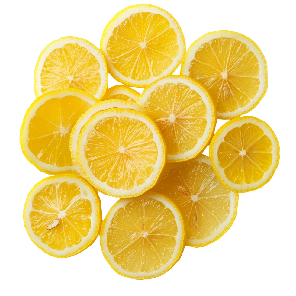 Fresh lemon slices arranged beautifully on a transparent background for culinary use or decoration, Fresh lemon slices on transparent background png