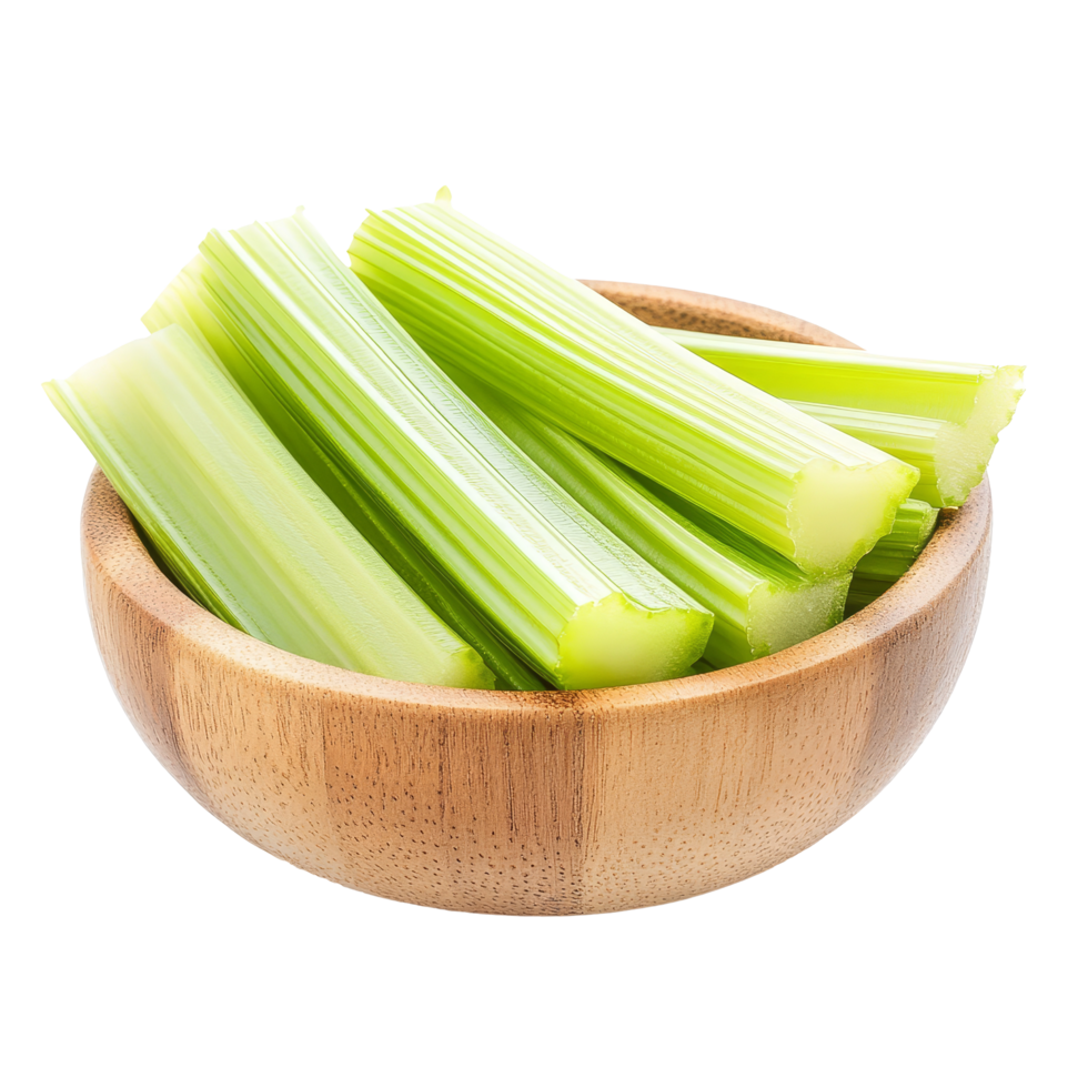 Freshly sliced celery in a wooden bowl on a clean transparent background for healthy eating and meal preparation, slice celery in wood bowl isolated on transparent background png