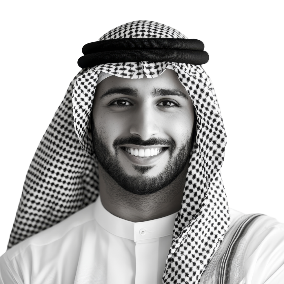 A joyful Arab man wearing a monochrome keffieh smiles brightly against a plain transparent background, Smiling Arab Man with Monochrome Keffieh on transparent background png
