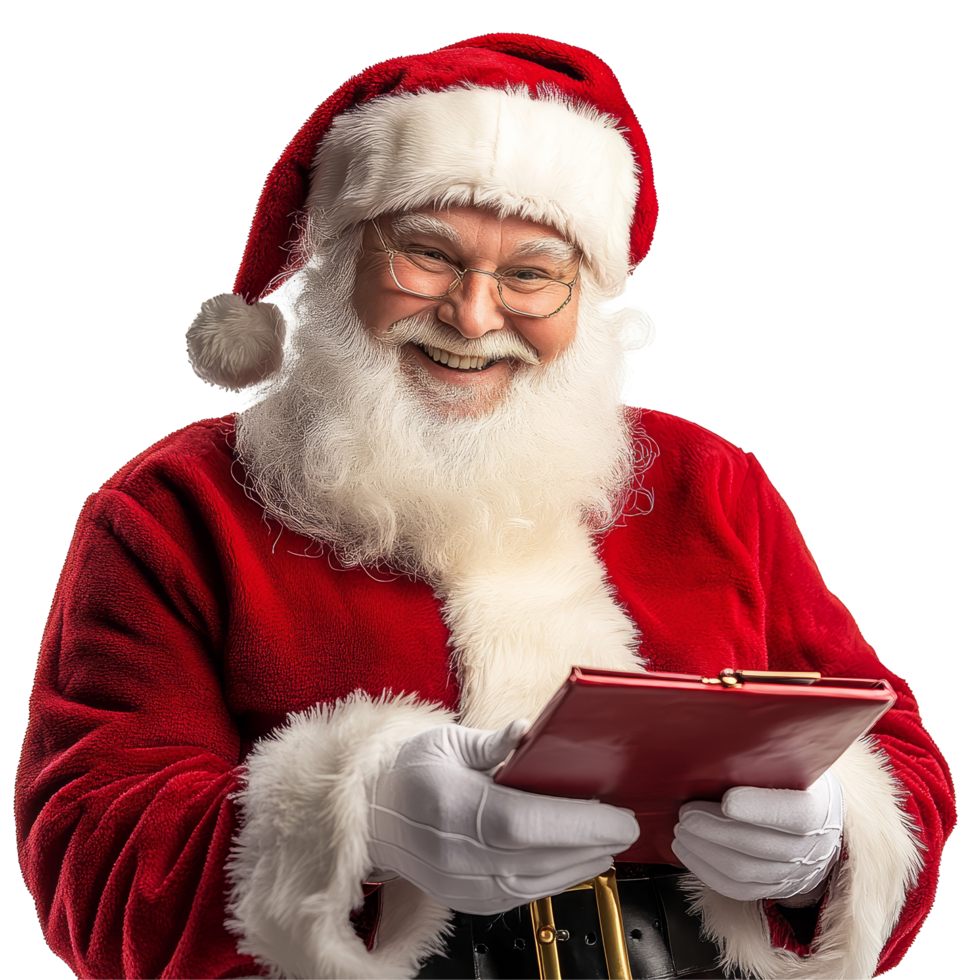 Santa Claus joyfully reading his gift list in a festive setting during the holiday season, Santa claus smiling when reading gift list on transparent background png