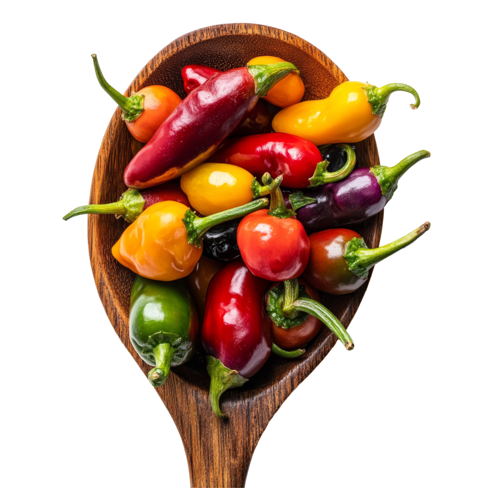 A vibrant mix of colorful peppers displayed in a wooden spoon on a transparent background, Mixed of peppers in wood spoon isolated on transparent background png