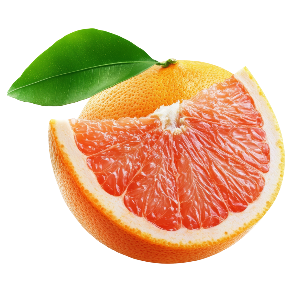Fresh grapefruit with a green leaf displayed on a transparent background, showcasing its vibrant color and texture, grapefruit citrus fruit on transparent background png