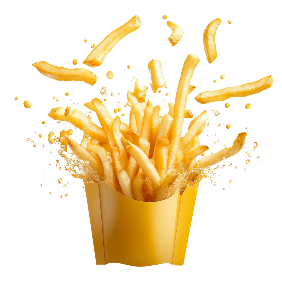 French fries splashing dramatically in a container surrounded by bubbly liquid on a bright transparent background, French fries splashing isolated png