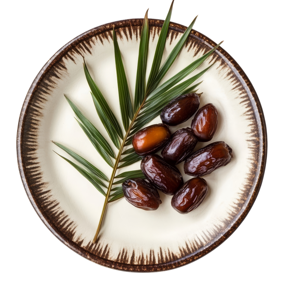 Fresh date palm fruits arranged on a decorative plate with a green palm leaf isolated on a transparent background, date palm in a plate isolated on transparent background png