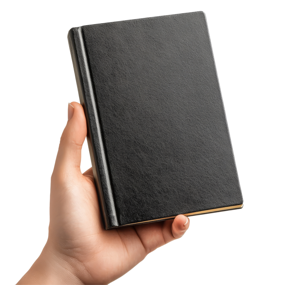 A person holding a dark hardcover book mockup for design presentation in a bright setting, Book cover mockup in hand. Holding hardcover mock up isolated on transparent background png
