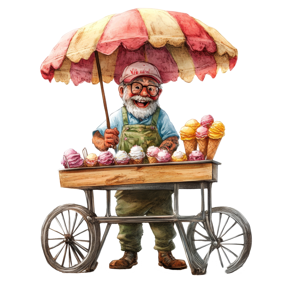 An ice cream seller happily serving delightful treats on a sunny day with colorful cones and a vibrant umbrella, Illustration of a Ice cream seller, transparent background png