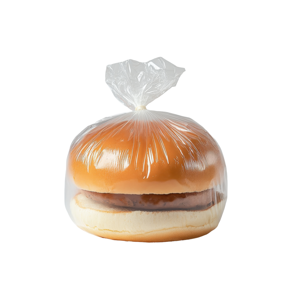 Freshly baked burger bun wrapped in plastic for preservation and freshness at a local bakery, Fresh tasty fresh burger bun in a plastic bag on a transparent background png