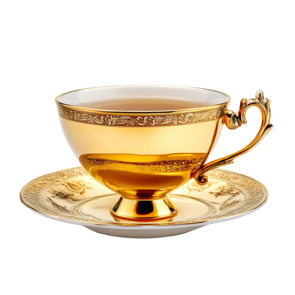 Luxurious golden tea cup with delicate saucer filled with steaming tea on a transparent background, luxury golden cup of tea isolated on transparent background png